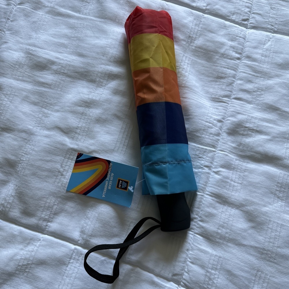 Aldi Gear 2023 Collection Multi-Color Rainbow Automatic Compact Umbrella NWT - Picture 2 of 4